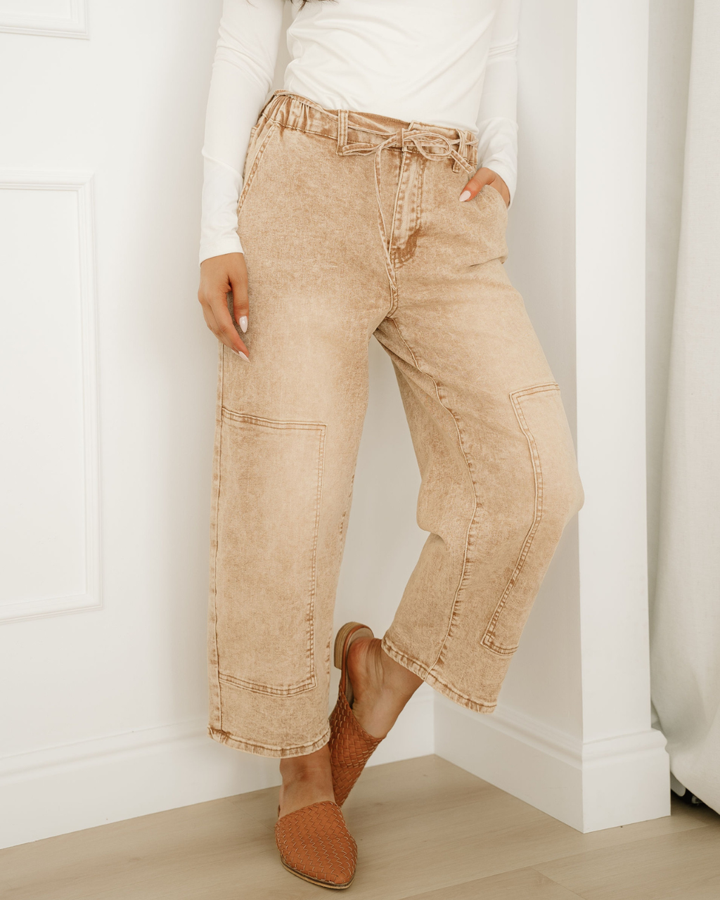 Shiloh Acid Wash Barrel Fit Denim Pants with Waist String - Sand