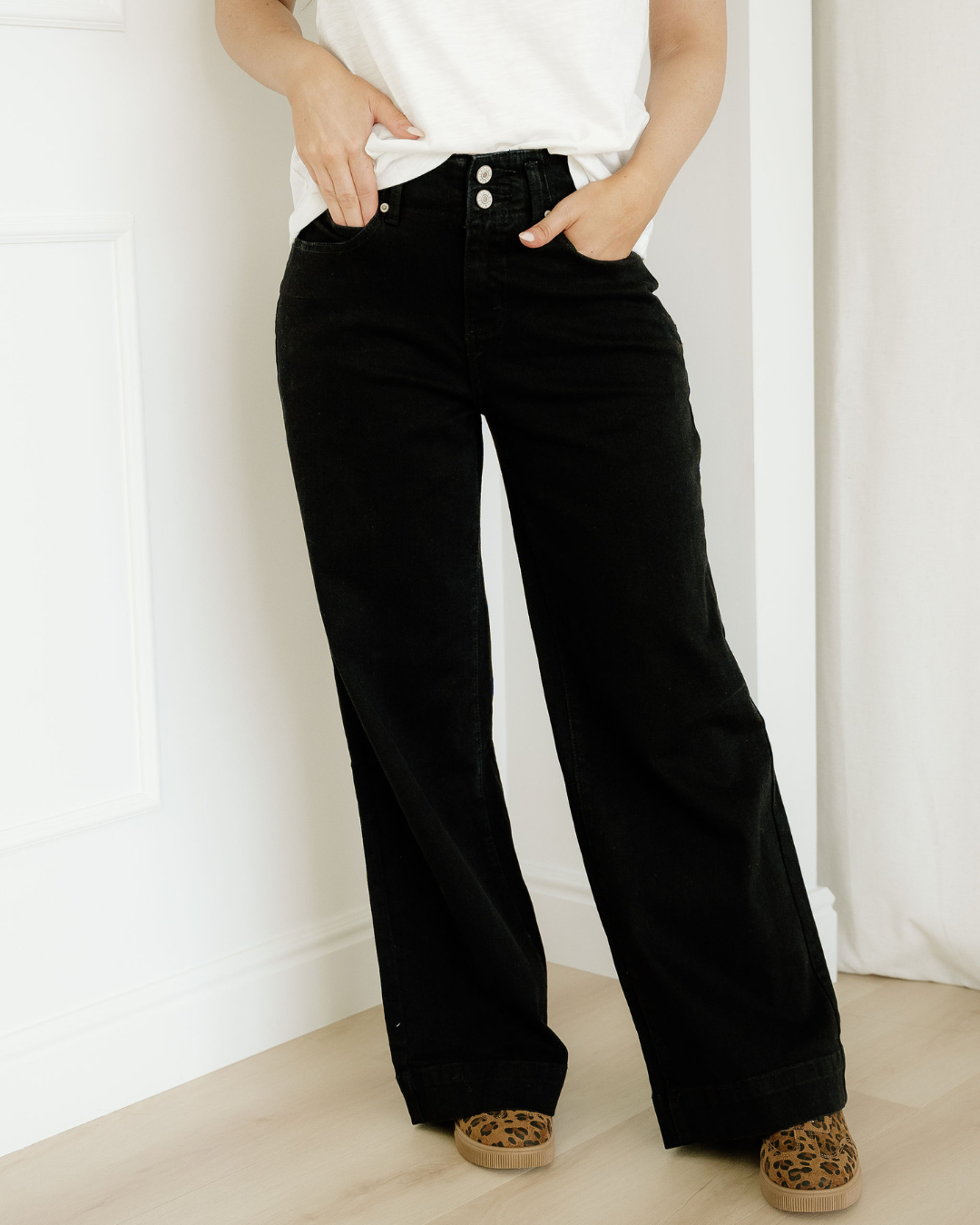 Brooke 2-Button High Waist Flared Bottom Jeans - Black