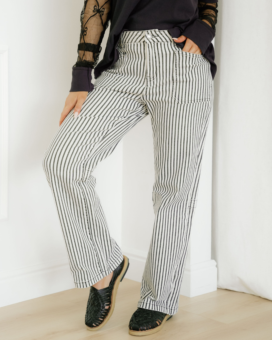 Cassie Stripe Patch Pocket High Waist Shift Denim Jeans