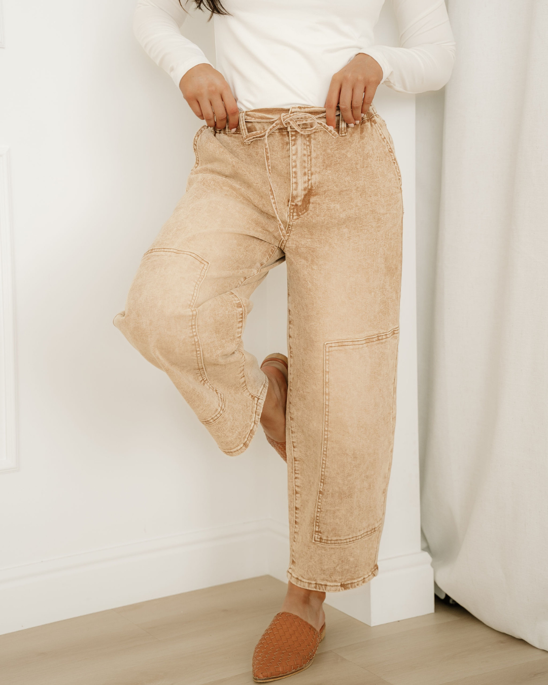 Shiloh Acid Wash Barrel Fit Denim Pants with Waist String - Sand