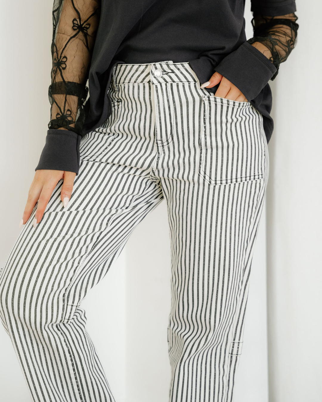 Cassie Stripe Patch Pocket High Waist Shift Denim Jeans