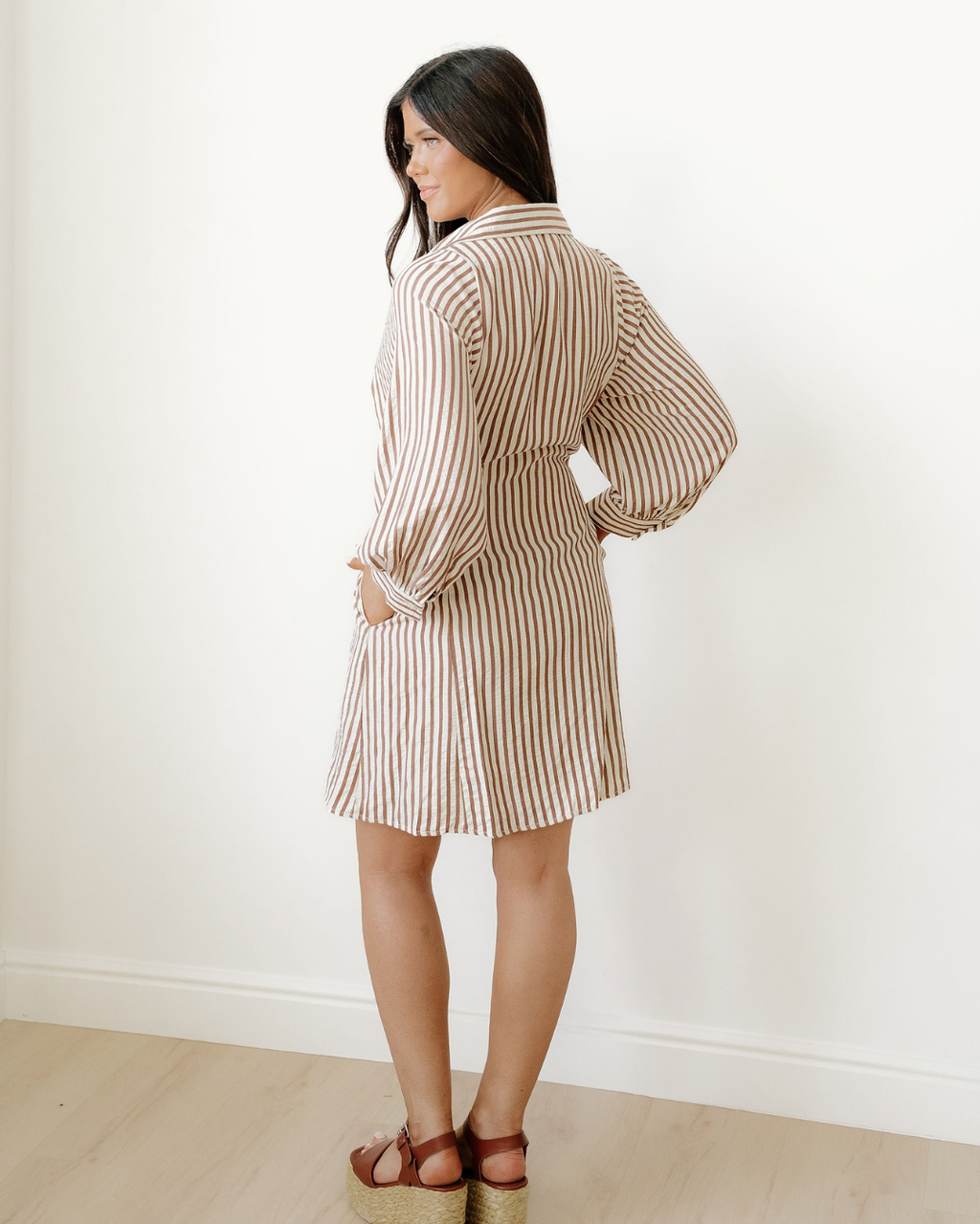 Selena Knot Waist Puff Sleeve Button Down Mini Shirt Dress