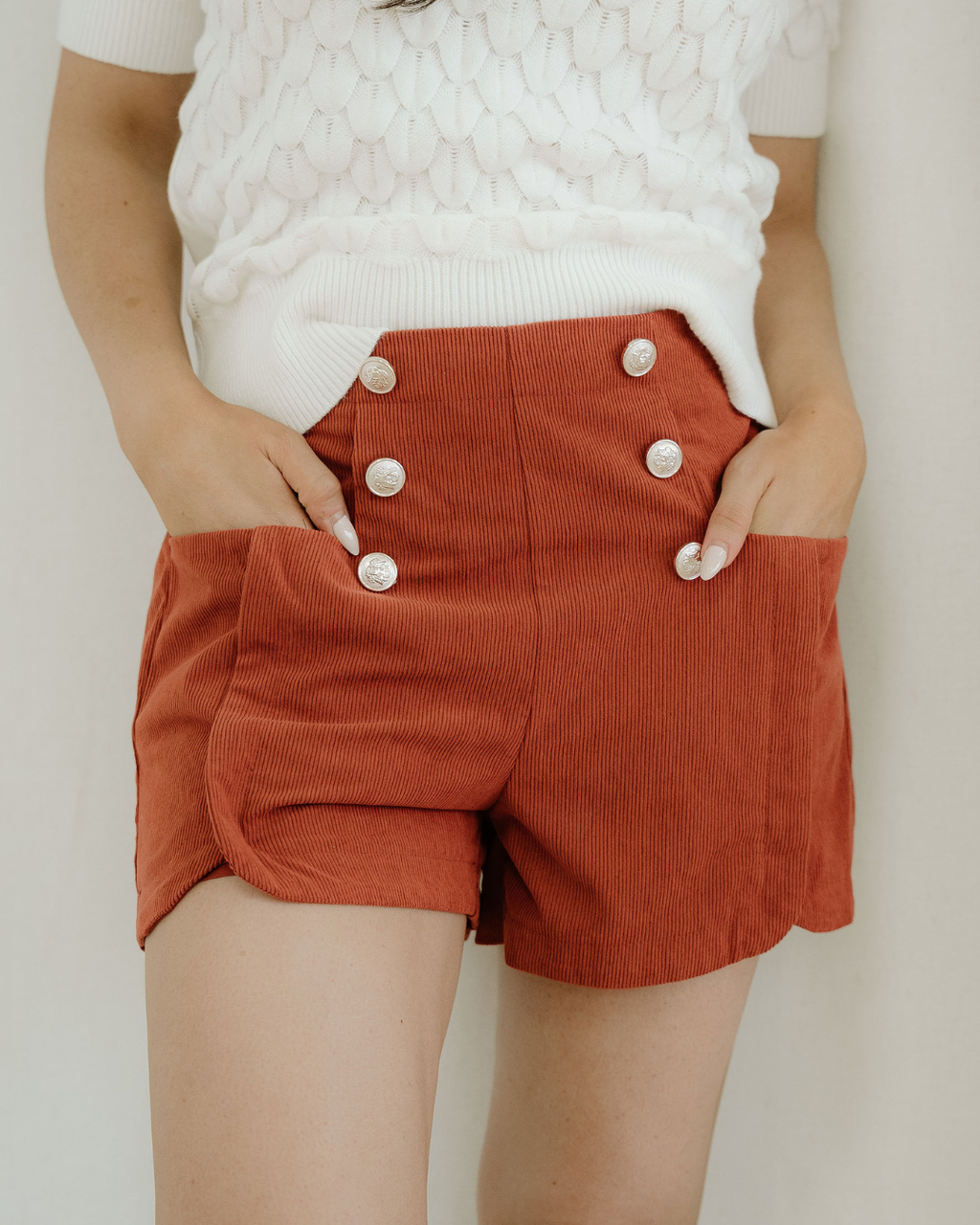 Sienna Button Decor Scalloped Edge High Waist Corduroy Shorts