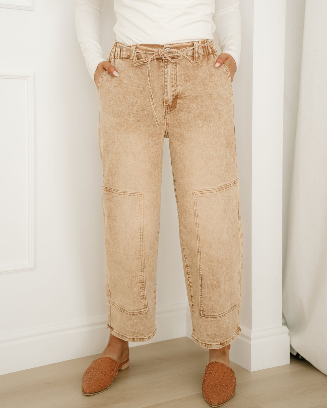 Shiloh Acid Wash Barrel Fit Denim Pants with Waist String - Sand