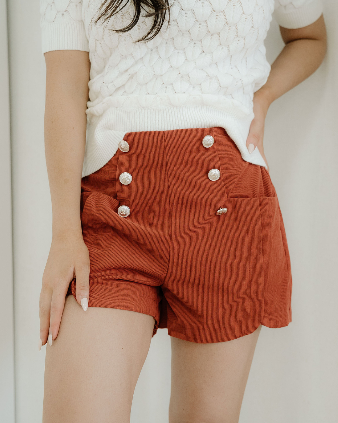Sienna Button Decor Scalloped Edge High Waist Corduroy Shorts