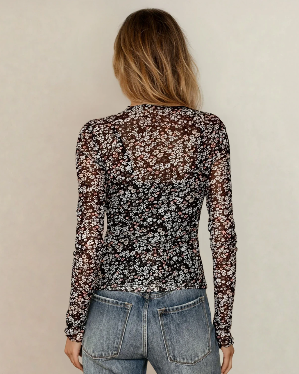Vera Ditsy Floral Mesh Thumbhole Sleeve Slim Fit Top