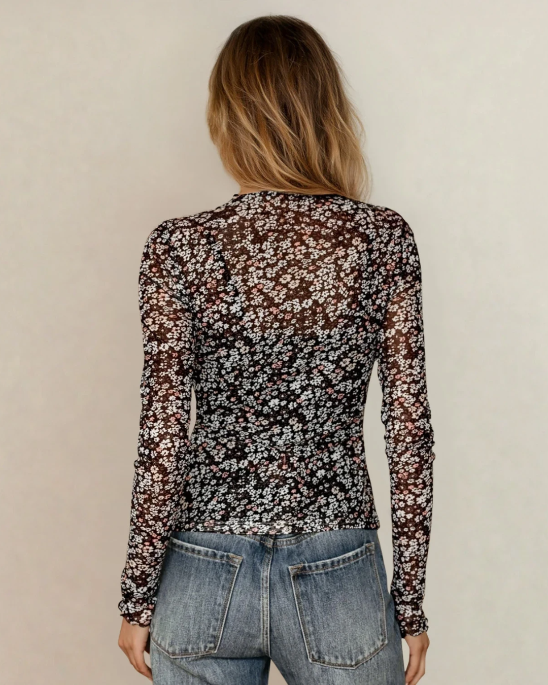 Vera Ditsy Floral Mesh Thumbhole Sleeve Slim Fit Top