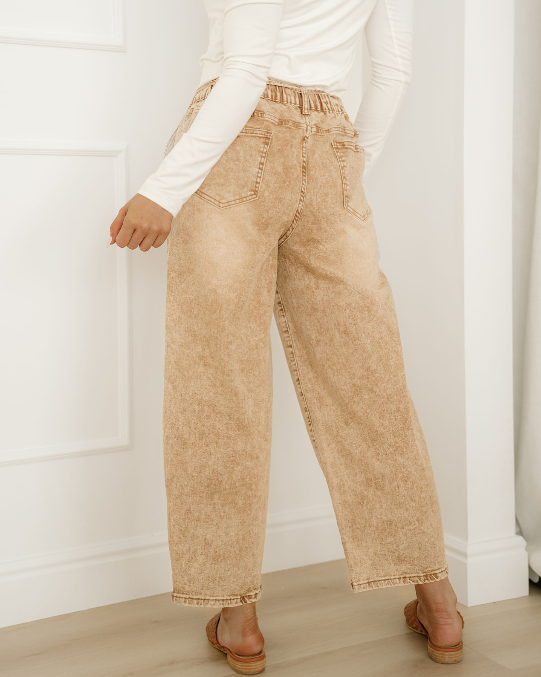 Shiloh Acid Wash Barrel Fit Denim Pants with Waist String - Sand
