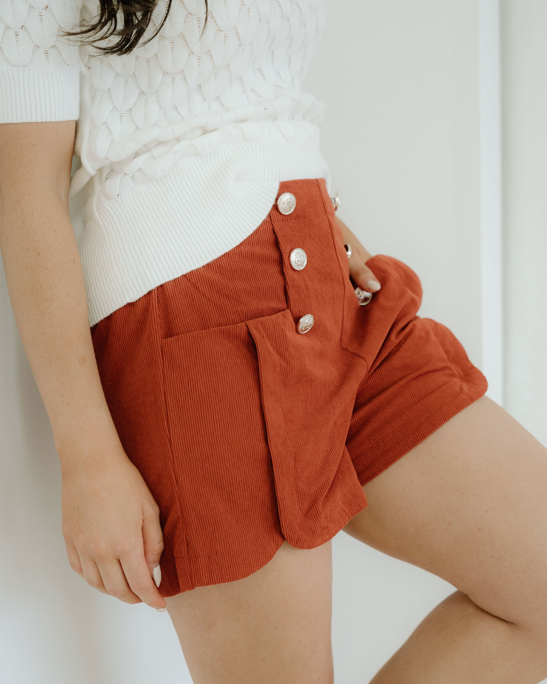 Sienna Button Decor Scalloped Edge High Waist Corduroy Shorts
