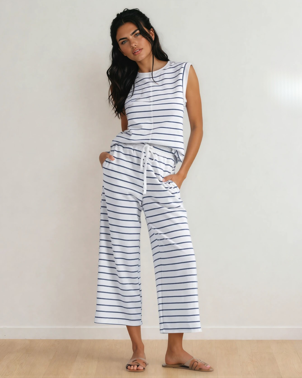 Clementine Striped Tee and Wide Leg Pants Set - Blue