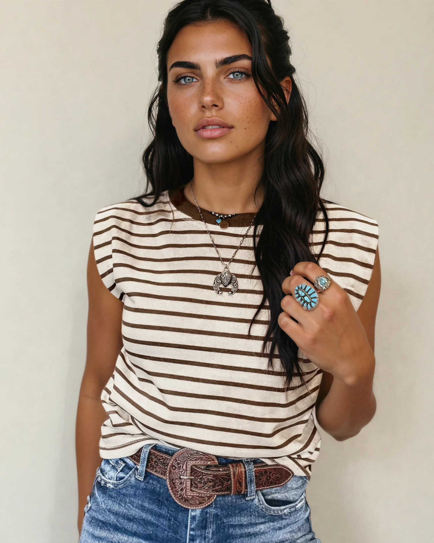 Serena Stripe Ribbed Round Neck Trim Loose Tank Top - Brown