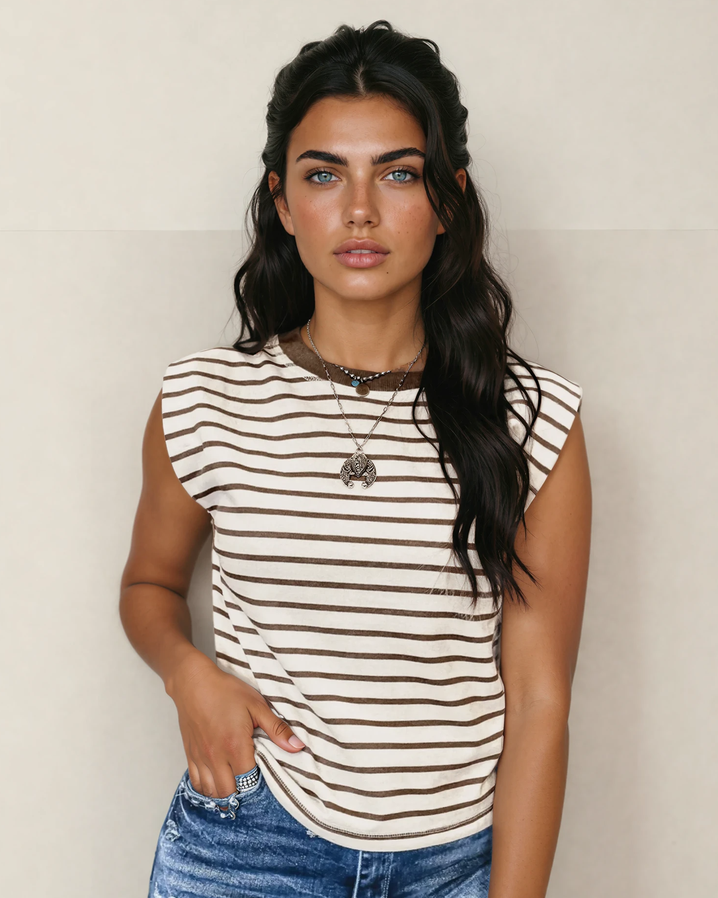 Serena Stripe Ribbed Round Neck Trim Loose Tank Top - Brown