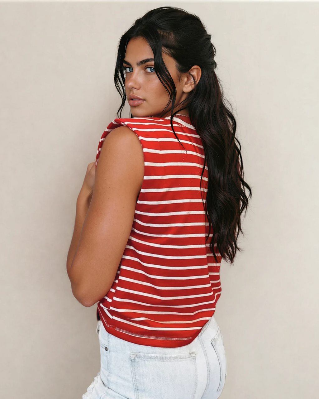 Serena Stripe Ribbed Round Neck Trim Loose Tank Top - Red