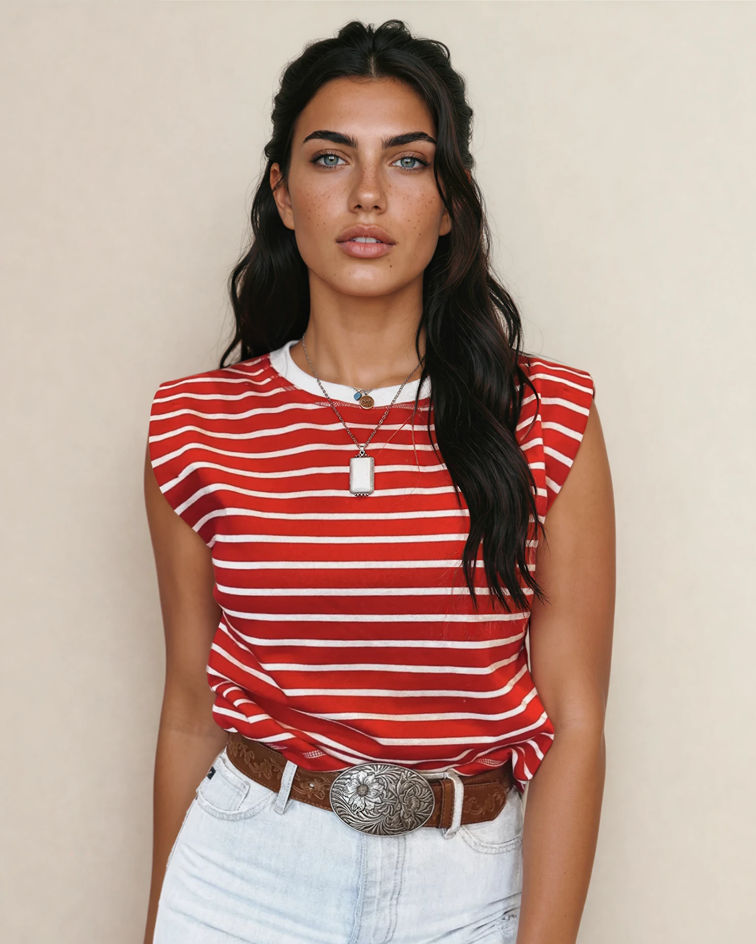 Serena Stripe Ribbed Round Neck Trim Loose Tank Top - Red