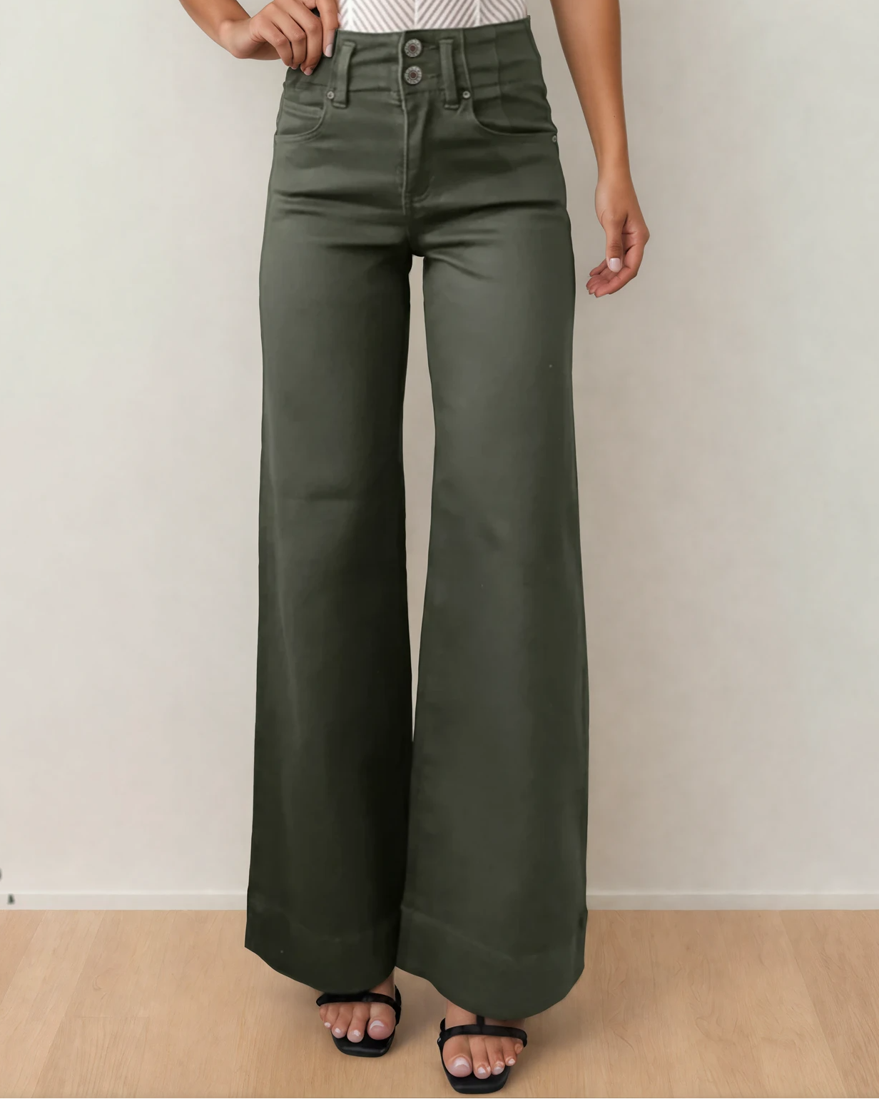 Brooke 2-Button High Waist Flared Bottom Jeans - Olive
