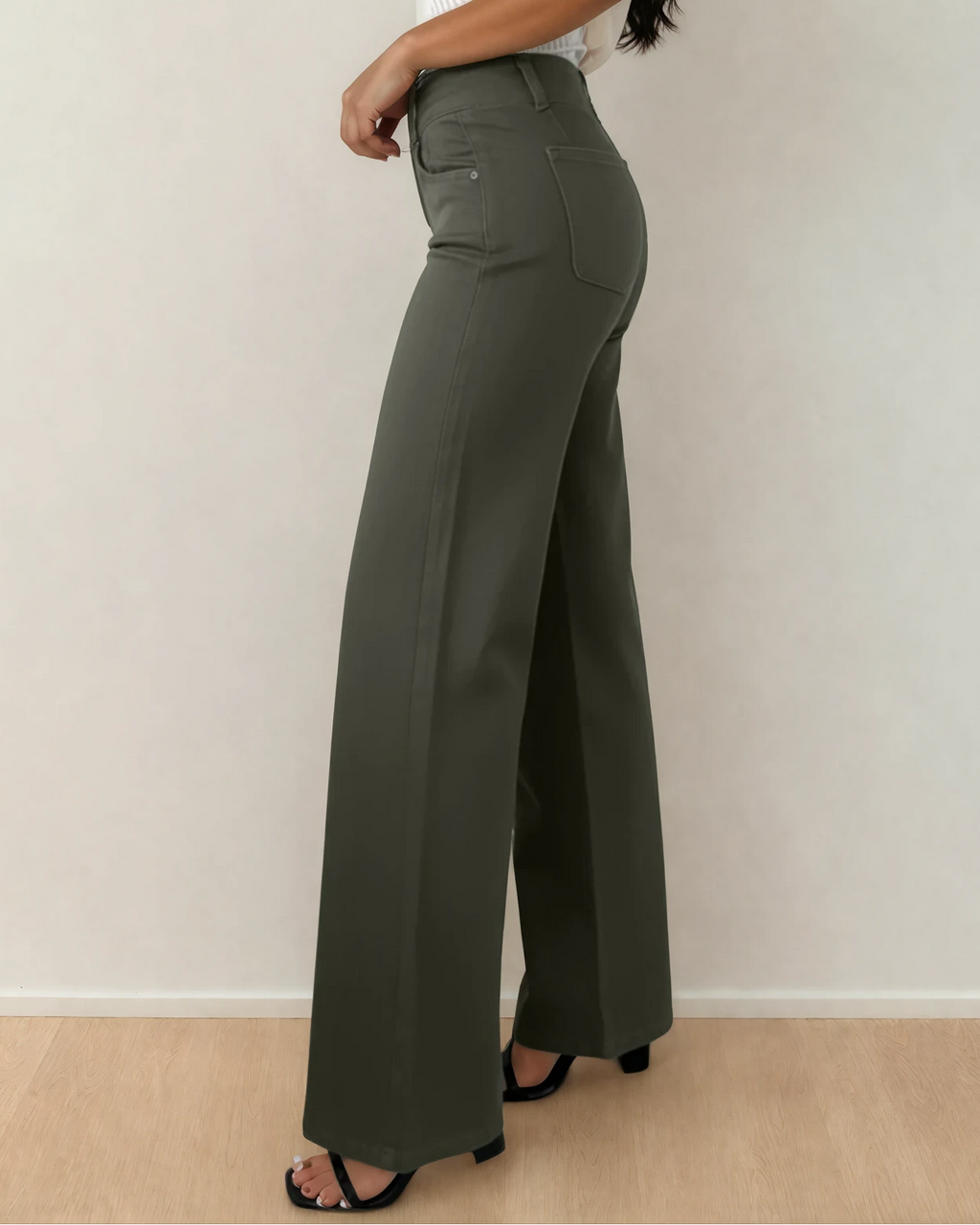 Brooke 2-Button High Waist Flared Bottom Jeans - Olive