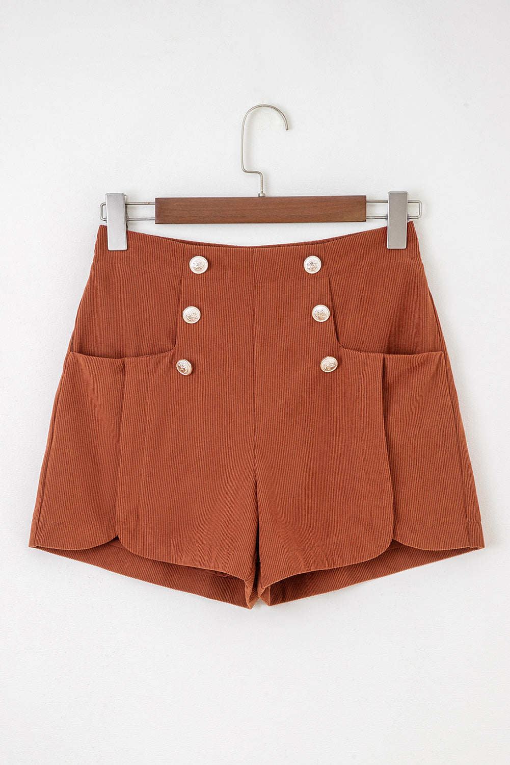 Sienna Button Decor Scalloped Edge High Waist Corduroy Shorts